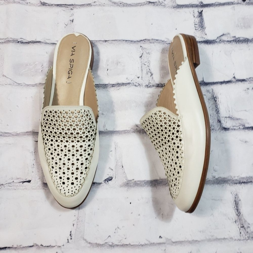 VIA SPIGA Ivory White Leather Laser Cut Mules Size 9.5 M